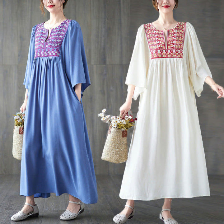 Buddha Stones Stickerei Midi-Kleid mit gerüschtem Saum und Taschen - image 0