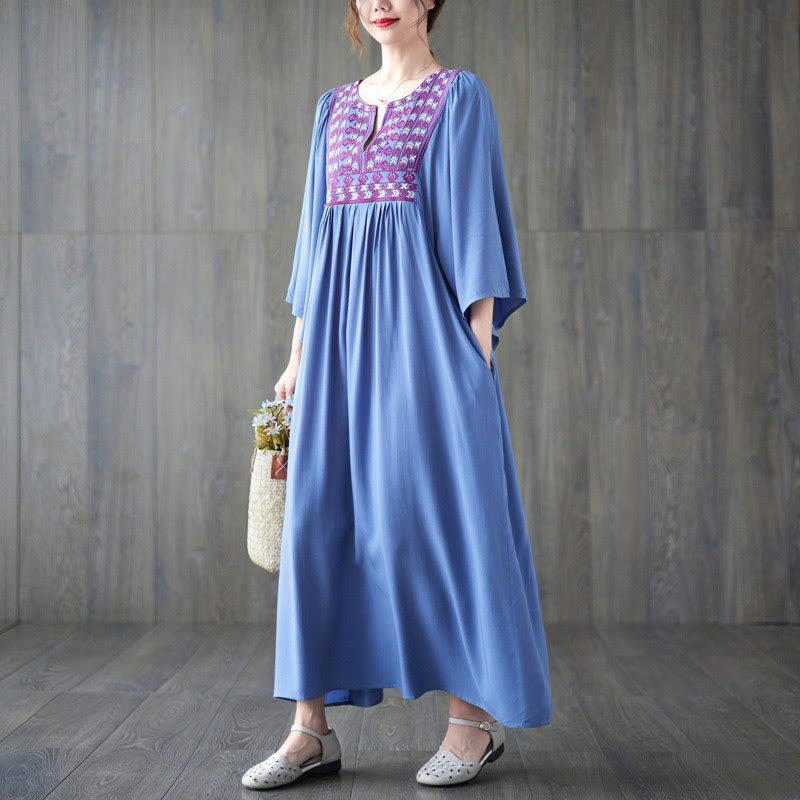 Buddha Stones Stickerei Midi-Kleid mit gerüschtem Saum und Taschen - image 16