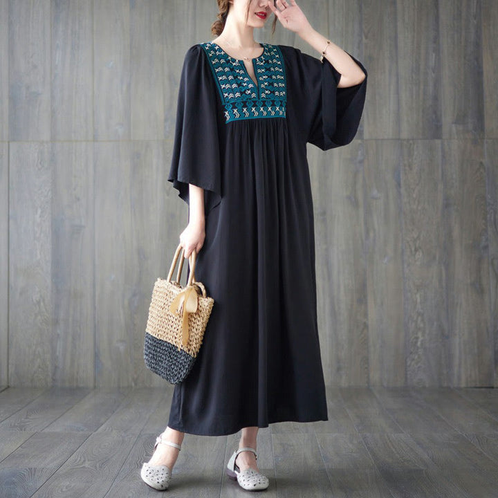 Buddha Stones Stickerei Midi-Kleid mit gerüschtem Saum und Taschen - image 22