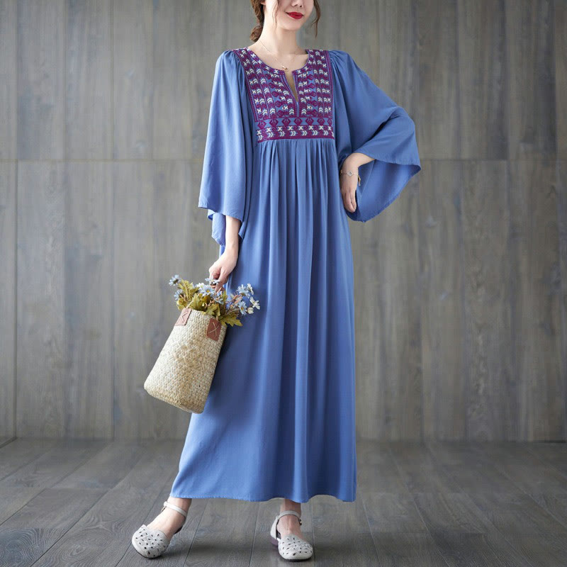 Buddha Stones Stickerei Midi-Kleid mit gerüschtem Saum und Taschen - image 19