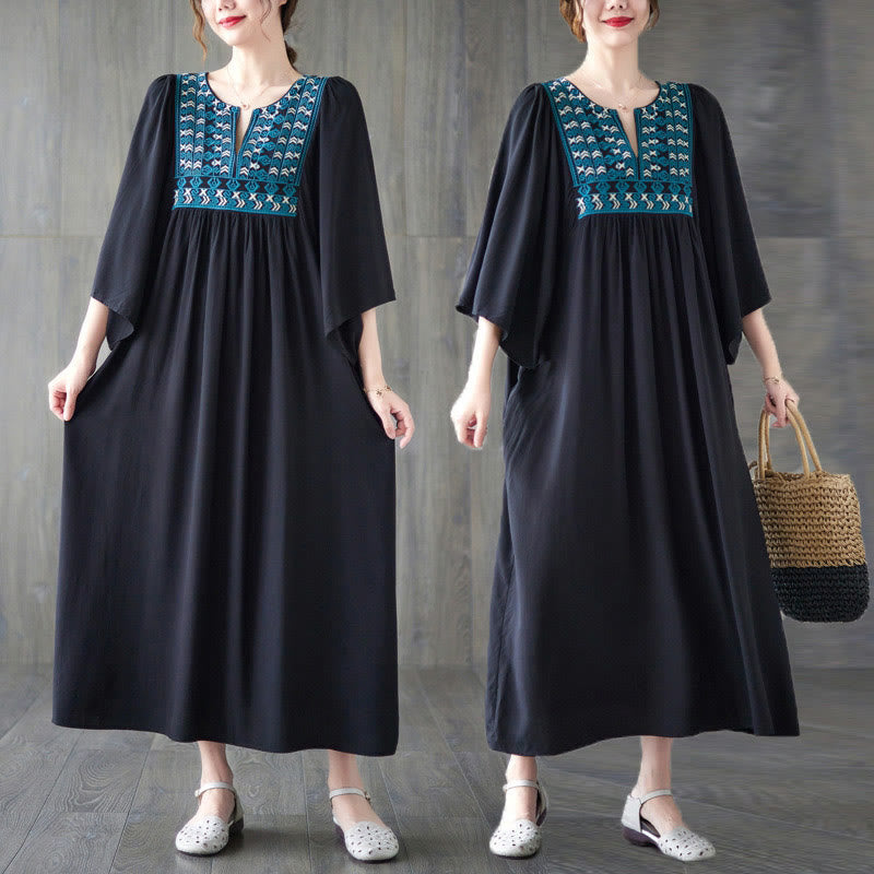 Buddha Stones Stickerei Midi-Kleid mit gerüschtem Saum und Taschen - image 27