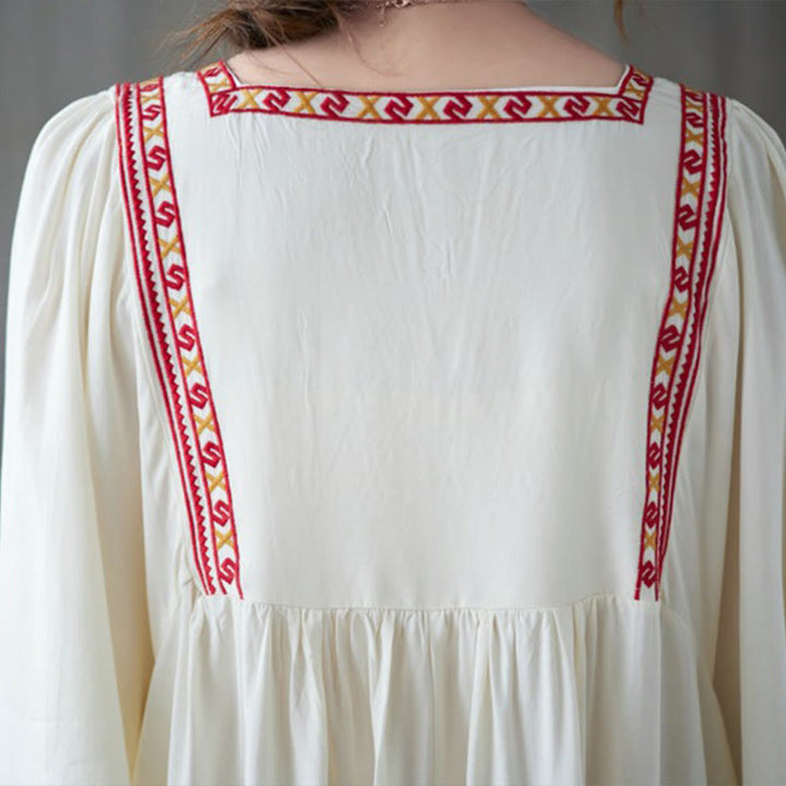 Buddha Stones Stickerei Midi-Kleid mit gerüschtem Saum und Taschen - image 6