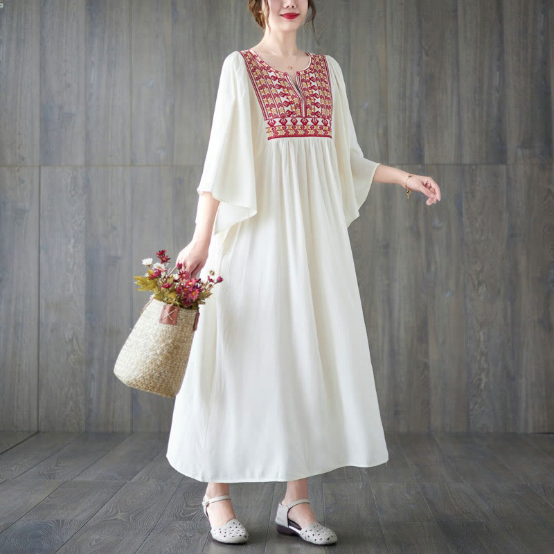 Buddha Stones Stickerei Midi-Kleid mit gerüschtem Saum und Taschen - image 3