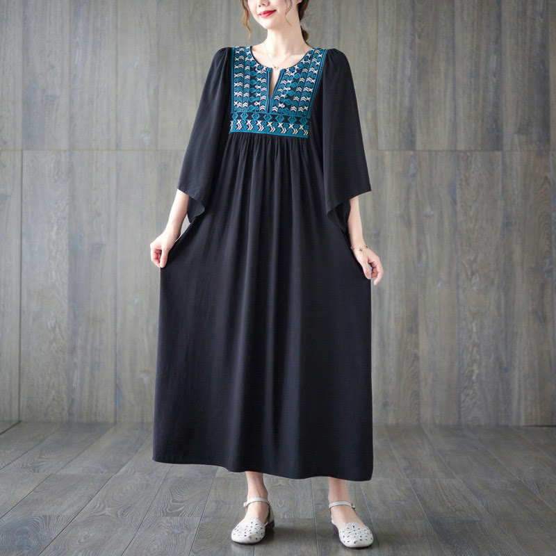 Buddha Stones Stickerei Midi-Kleid mit gerüschtem Saum und Taschen - image 23