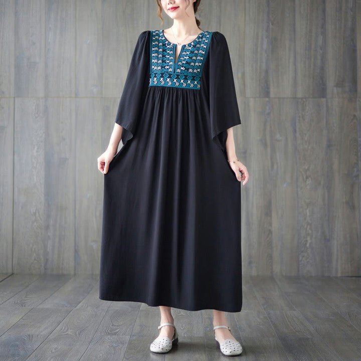 Buddha Stones Stickerei Midi-Kleid mit gerüschtem Saum und Taschen - image 23