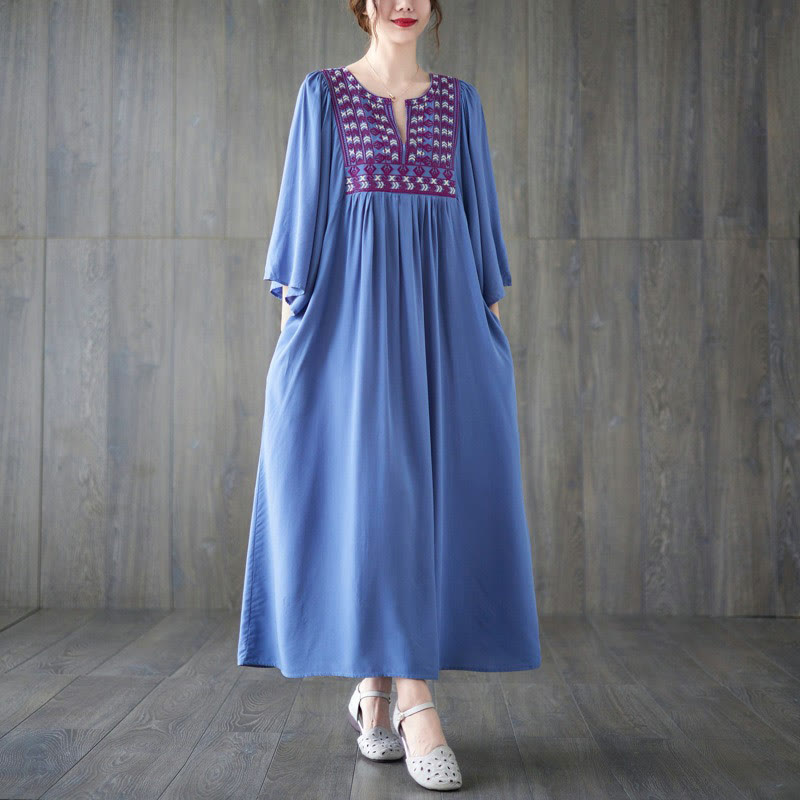 Buddha Stones Stickerei Midi-Kleid mit gerüschtem Saum und Taschen - HellHimmelBlau - F (Passend für US4-12; UK/AU8-16; EU36-44) - image 14