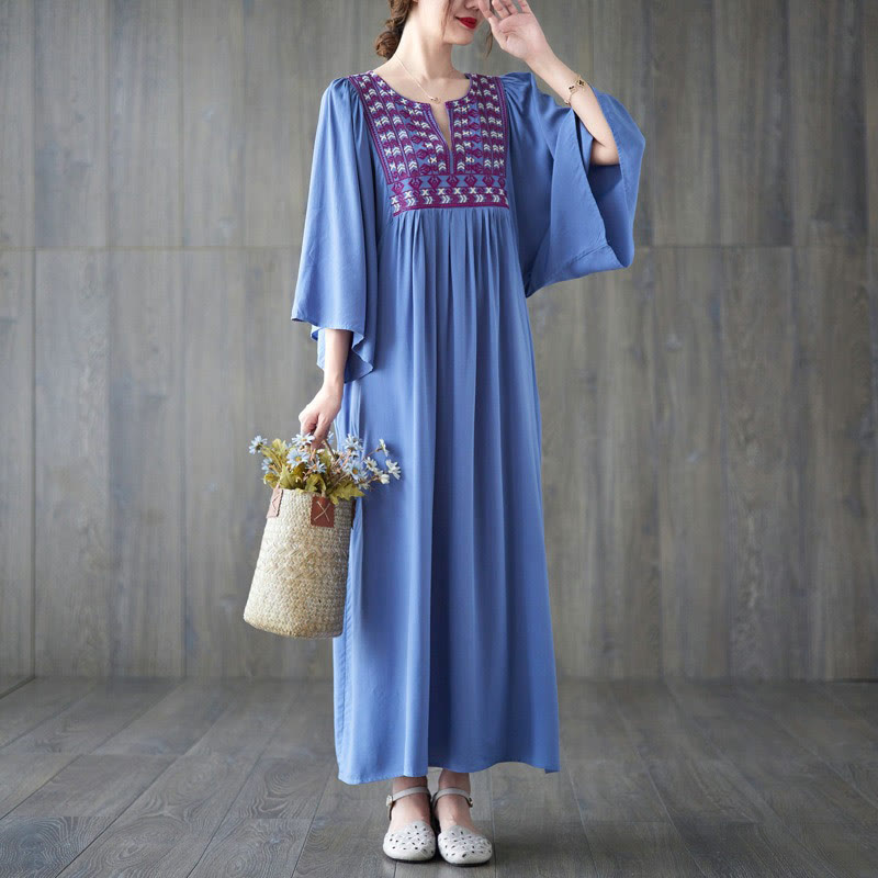 Buddha Stones Stickerei Midi-Kleid mit gerüschtem Saum und Taschen - image 20