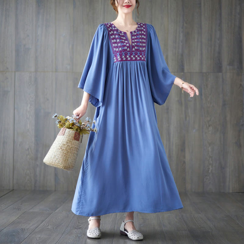 Buddha Stones Stickerei Midi-Kleid mit gerüschtem Saum und Taschen - image 15