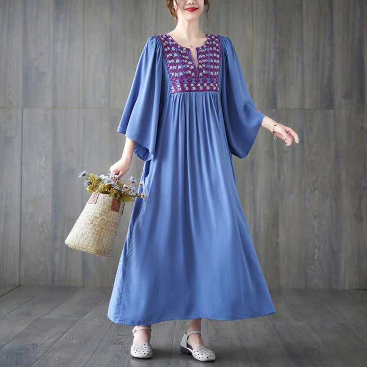 Buddha Stones Stickerei Midi-Kleid mit gerüschtem Saum und Taschen - image 15