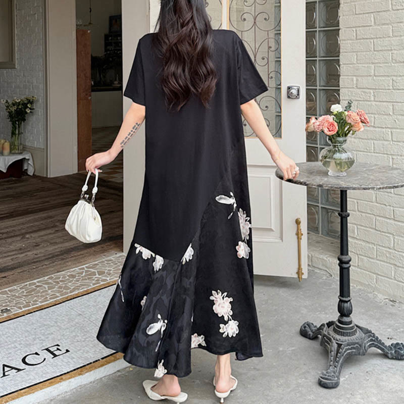 Buddha Stones Lässiges Blumen-Jacquard Kurzarm T-Shirt Midi Kleid - image 2
