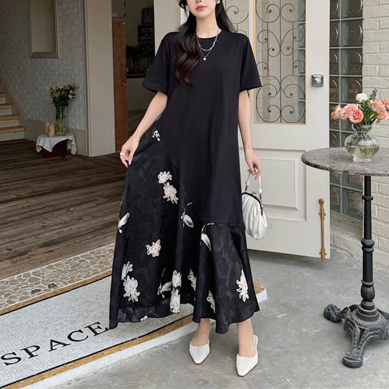 Buddha Stones Lässiges Blumen-Jacquard Kurzarm T-Shirt Midi Kleid - image 8