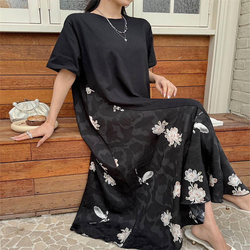 Buddha Stones Lässiges Blumen-Jacquard Kurzarm T-Shirt Midi Kleid - image 3