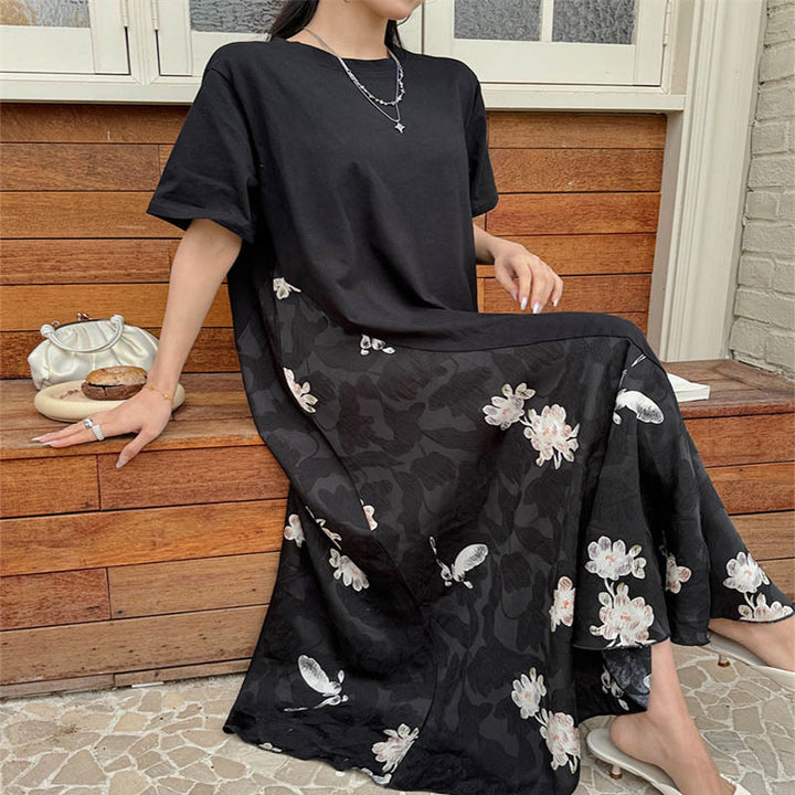 Buddha Stones Lässiges Blumen-Jacquard Kurzarm T-Shirt Midi Kleid - image 3