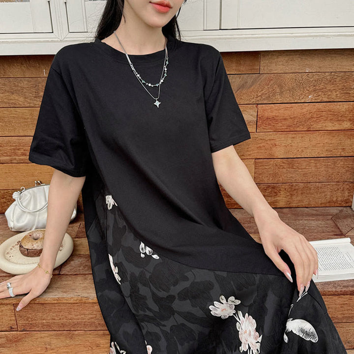 Buddha Stones Lässiges Blumen-Jacquard Kurzarm T-Shirt Midi Kleid