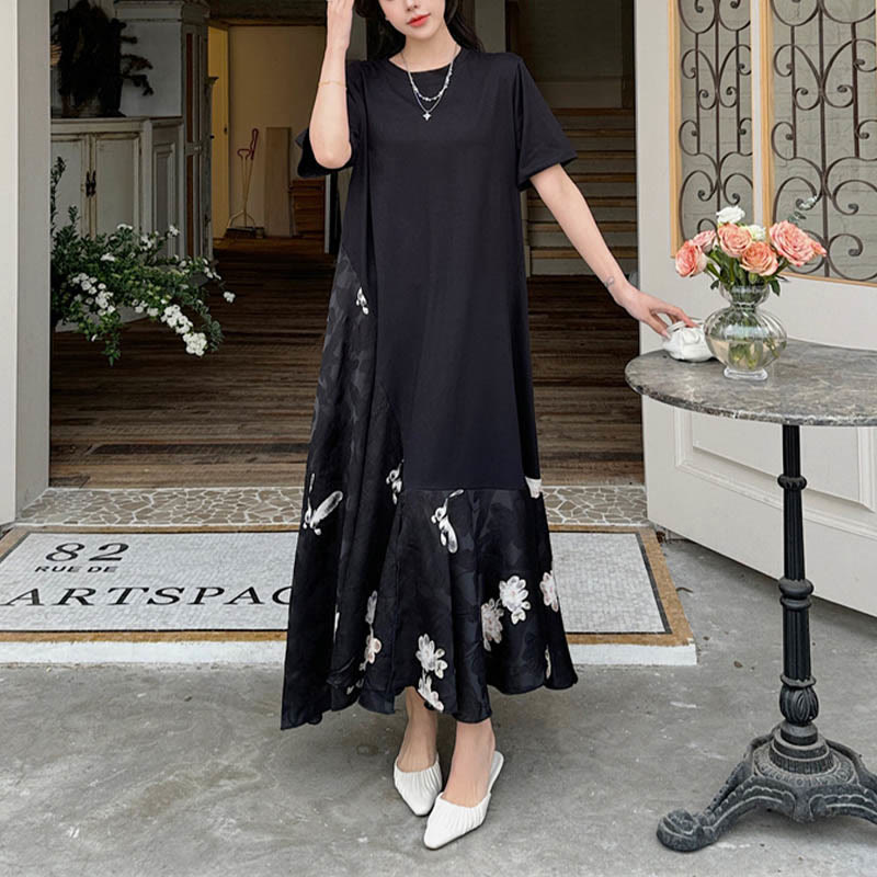 Buddha Stones Lässiges Blumen-Jacquard Kurzarm T-Shirt Midi Kleid - image 7