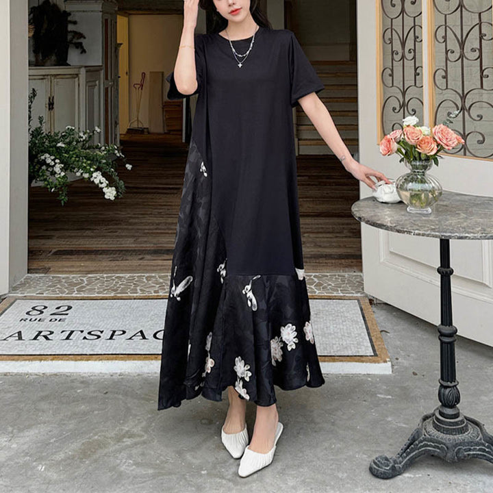 Buddha Stones Lässiges Blumen-Jacquard Kurzarm T-Shirt Midi Kleid - image 7