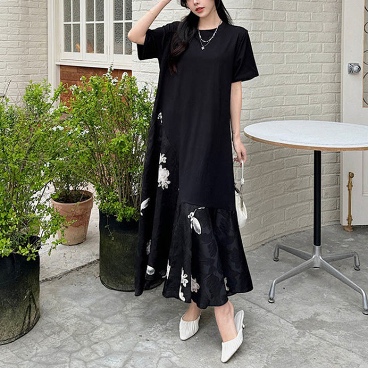 Buddha Stones Lässiges Blumen-Jacquard Kurzarm T-Shirt Midi Kleid - image 9