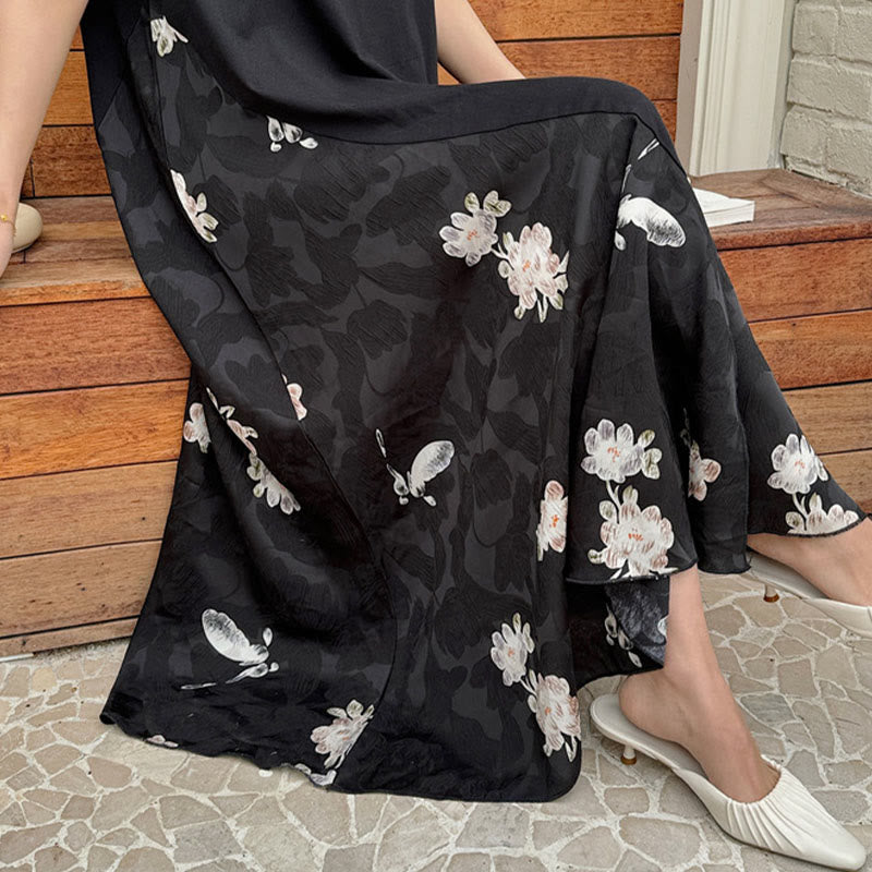 Buddha Stones Lässiges Blumen-Jacquard Kurzarm T-Shirt Midi Kleid - image 5