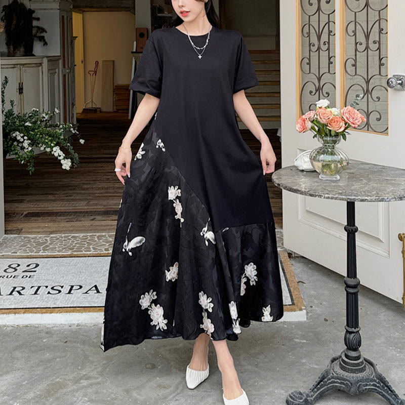 Buddha Stones Lässiges Blumen-Jacquard Kurzarm T-Shirt Midi Kleid - image 1