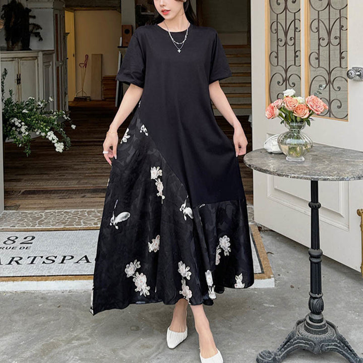 Buddha Stones Lässiges Blumen-Jacquard Kurzarm T-Shirt Midi Kleid - image 1