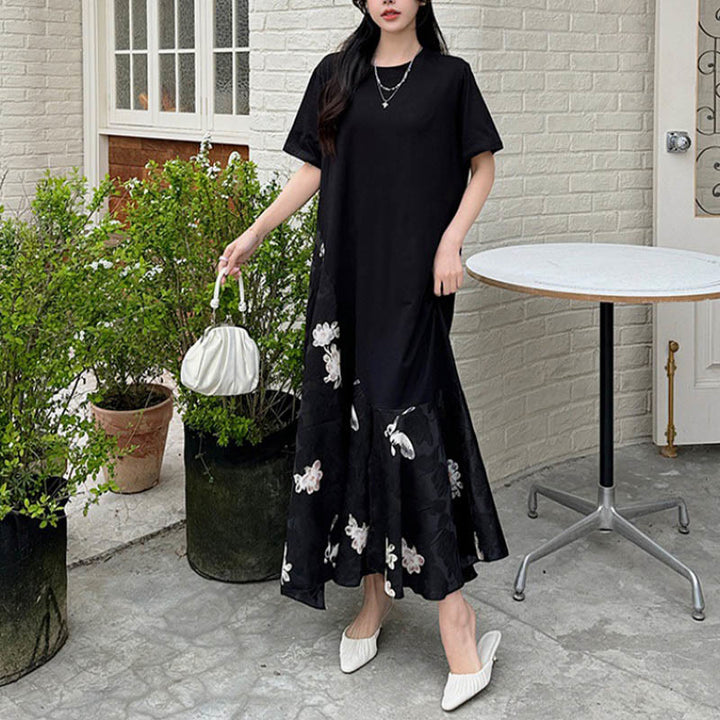 Buddha Stones Lässiges Blumen-Jacquard Kurzarm T-Shirt Midi Kleid - image 10