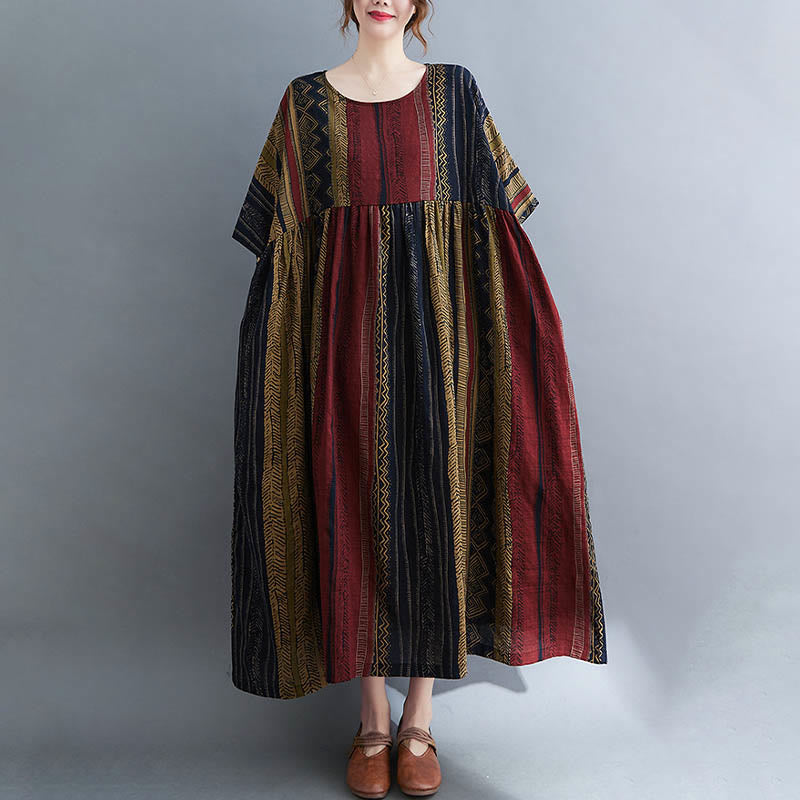 Buddha Stones Boho Geometrisches Kurzarm-Midikleid mit Taschen - Dunkelkhaki - F (Passend für US 4-14; UK/AU 8-18; EU 36-46) - image 1