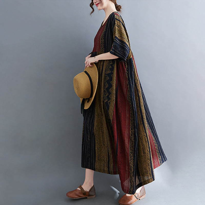 Buddha Stones Boho Geometrisches Kurzarm-Midikleid mit Taschen - image 17