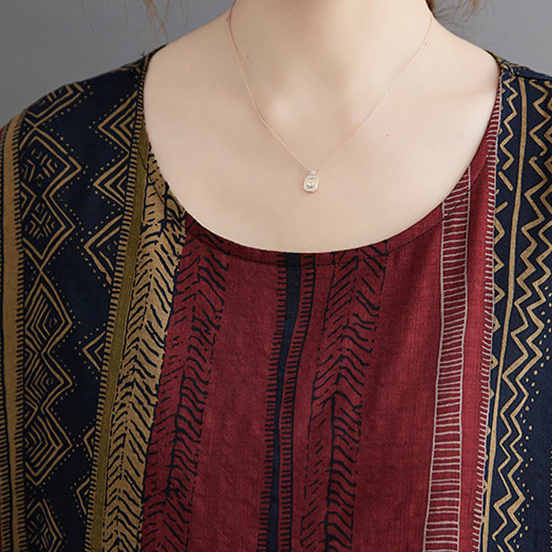 Buddha Stones Boho Geometrisches Kurzarm-Midikleid mit Taschen - image 4