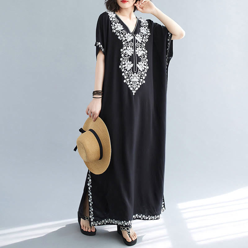 Buddha Stones Sommer Stickerei Blumen V-Ausschnitt Kurze Ärmel Maxi Kleid - image 8