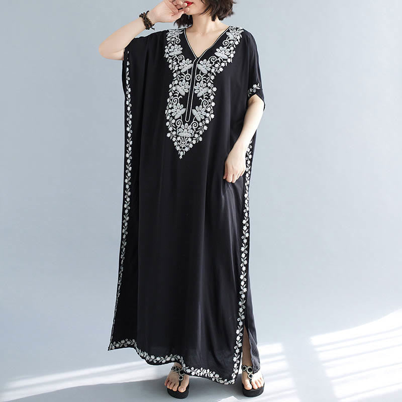 Buddha Stones Sommer Stickerei Blumen V-Ausschnitt Kurze Ärmel Maxi Kleid - image 3