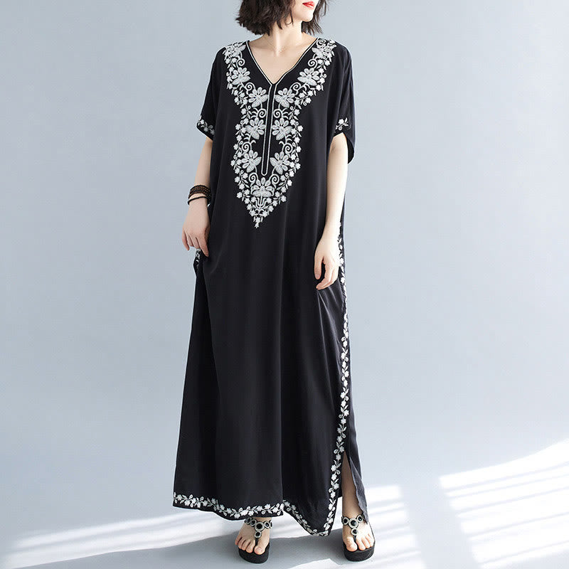 Buddha Stones Sommer Stickerei Blumen V-Ausschnitt Kurze Ärmel Maxi Kleid - F (Passend für US4-14; UK/AU8-18; EU36-46) - image 0