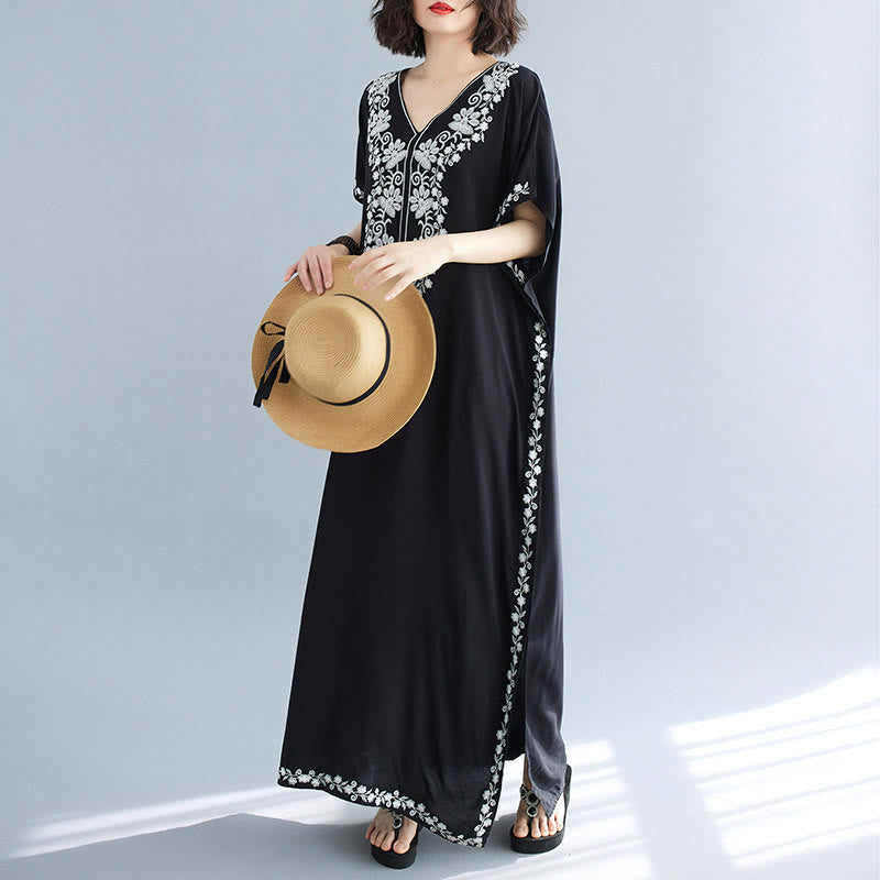 Buddha Stones Sommer Stickerei Blumen V-Ausschnitt Kurze Ärmel Maxi Kleid - image 12