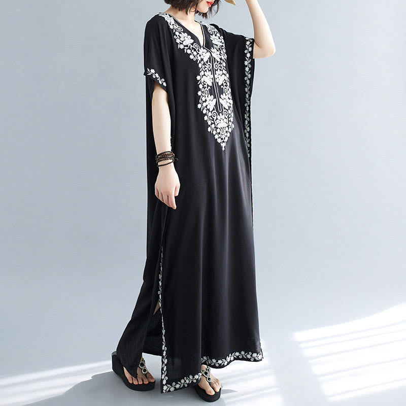 Buddha Stones Sommer Stickerei Blumen V-Ausschnitt Kurze Ärmel Maxi Kleid - image 2