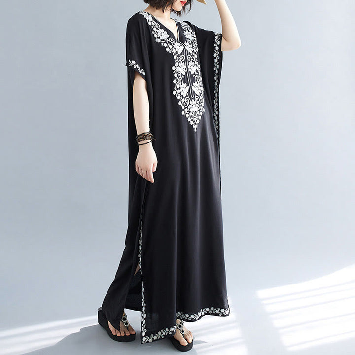 Buddha Stones Sommer Stickerei Blumen V-Ausschnitt Kurze Ärmel Maxi Kleid - image 2