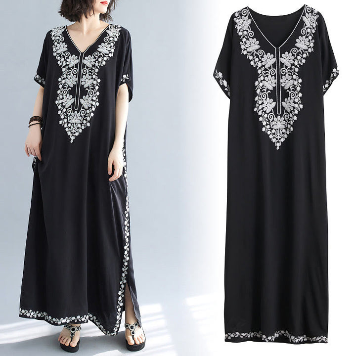 Buddha Stones Sommer Stickerei Blumen V-Ausschnitt Kurze Ärmel Maxi Kleid