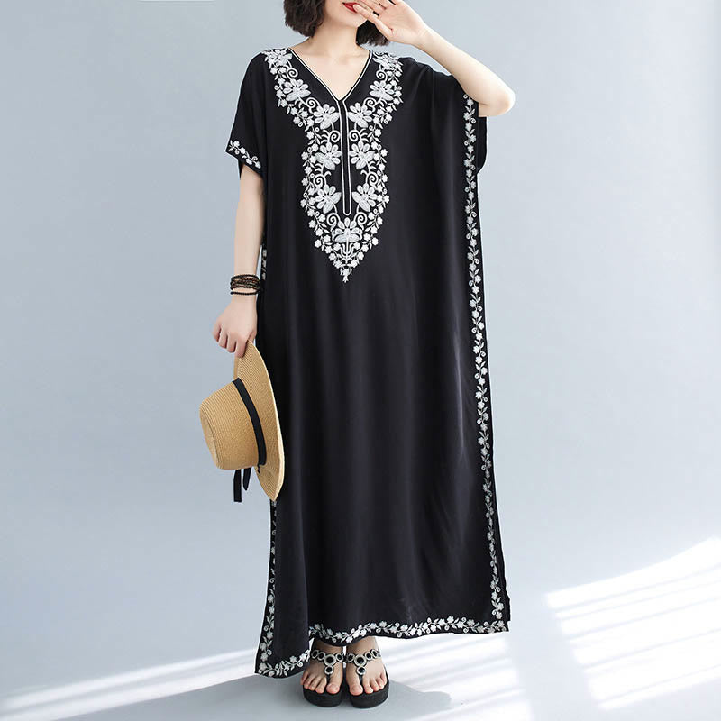 Buddha Stones Sommer Stickerei Blumen V-Ausschnitt Kurze Ärmel Maxi Kleid - image 11