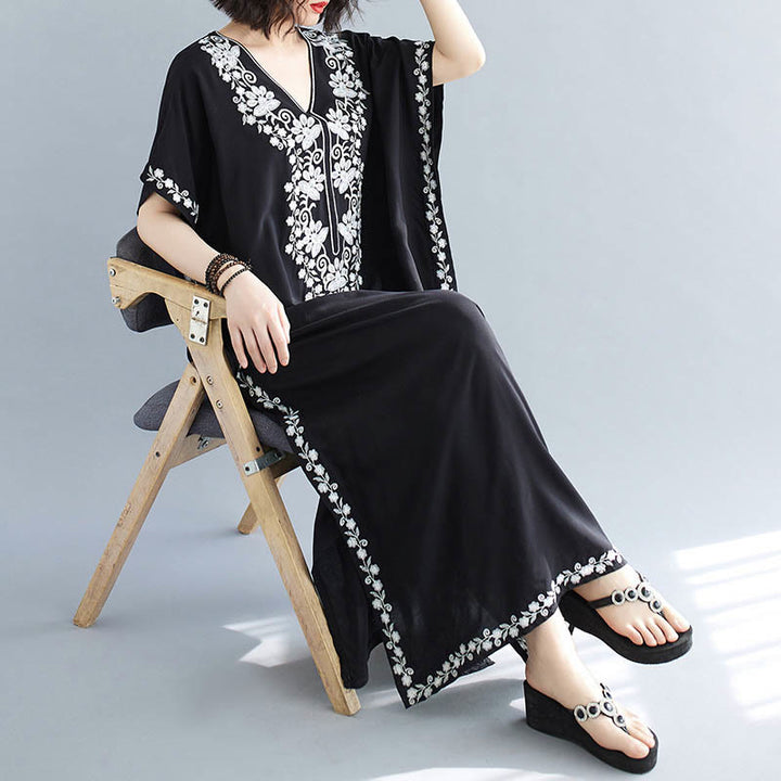 Buddha Stones Sommer Stickerei Blumen V-Ausschnitt Kurze Ärmel Maxi Kleid - image 4