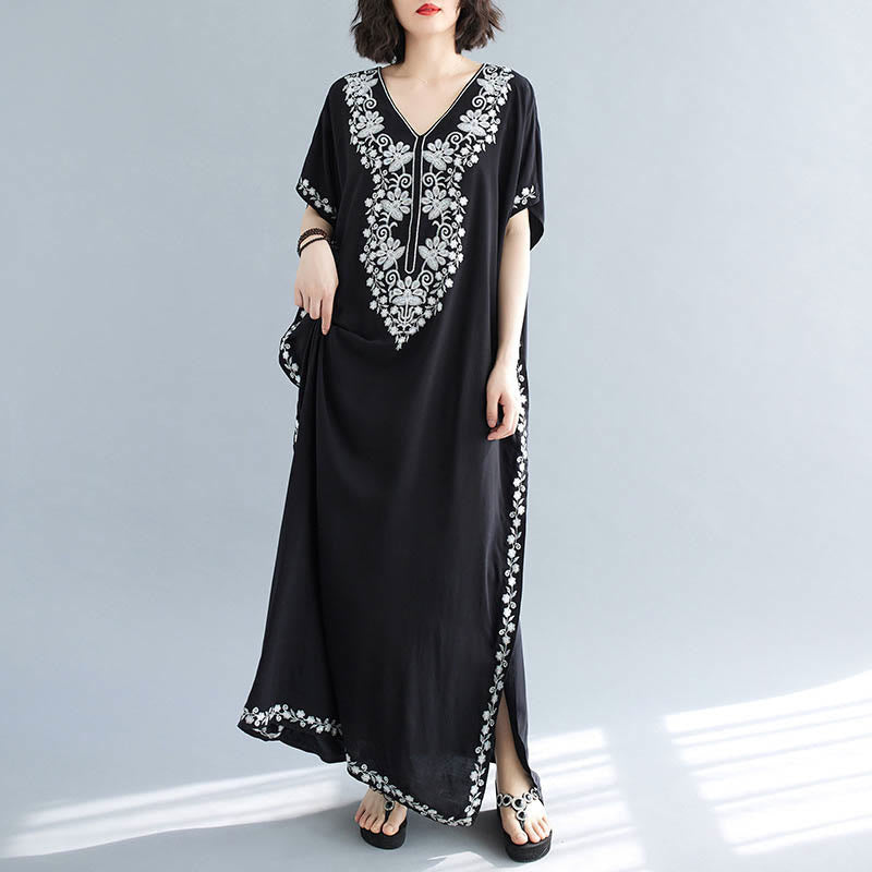 Buddha Stones Sommer Stickerei Blumen V-Ausschnitt Kurze Ärmel Maxi Kleid - image 10