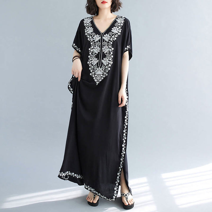 Buddha Stones Sommer Stickerei Blumen V-Ausschnitt Kurze Ärmel Maxi Kleid - image 10