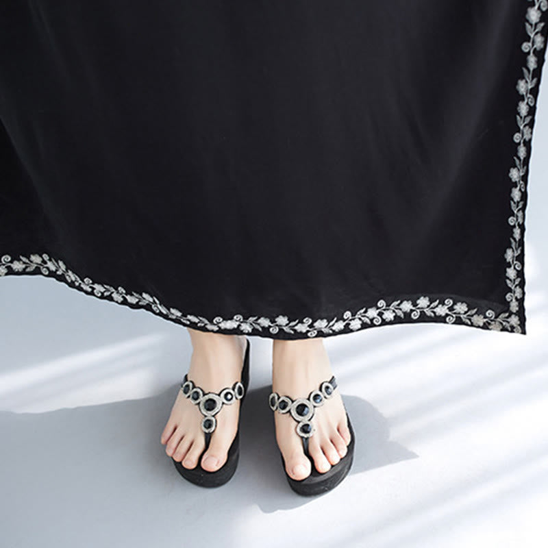 Buddha Stones Sommer Stickerei Blumen V-Ausschnitt Kurze Ärmel Maxi Kleid - image 7