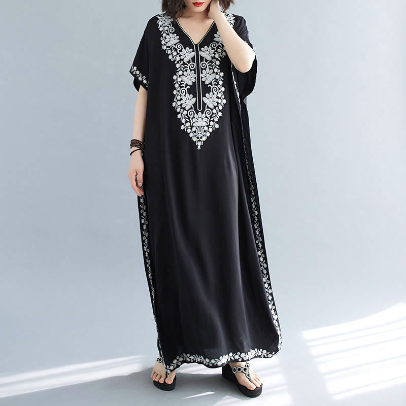 Buddha Stones Sommer Stickerei Blumen V-Ausschnitt Kurze Ärmel Maxi Kleid - image 1
