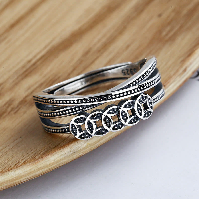 Buddha Stones 925er Sterlingsilber Kupfermünzen Reichtumssegen Verstellbarer Ring - image 1