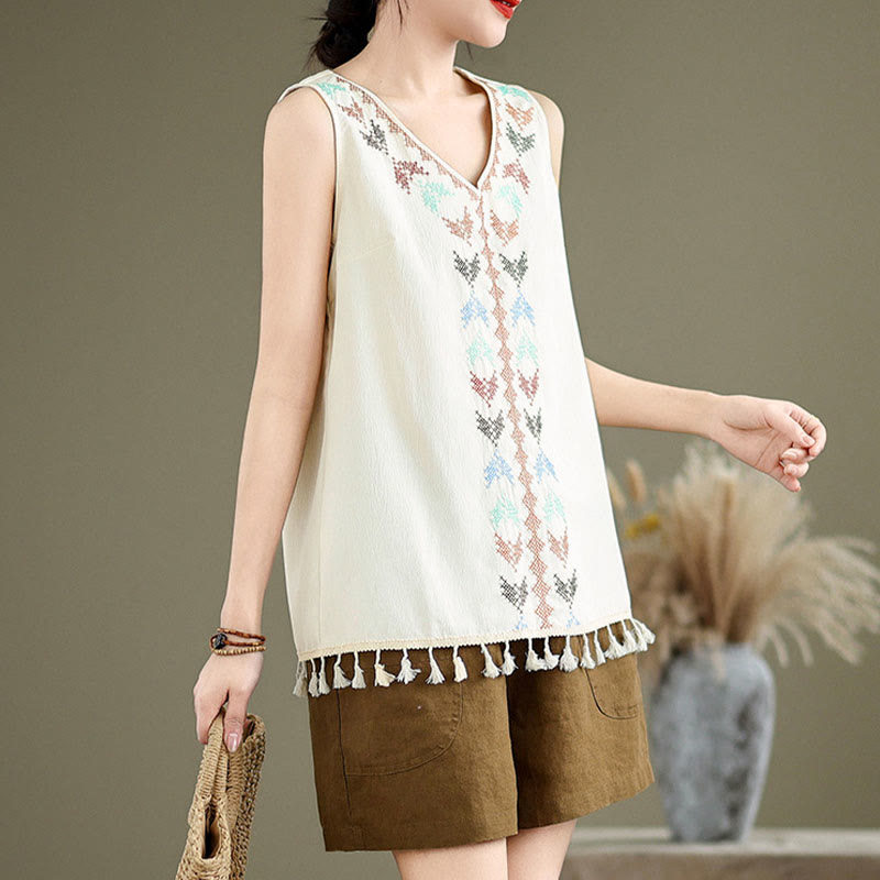 Buddha Stones Retro Stickerei V-Ausschnitt Quasten Tank Top - image 3