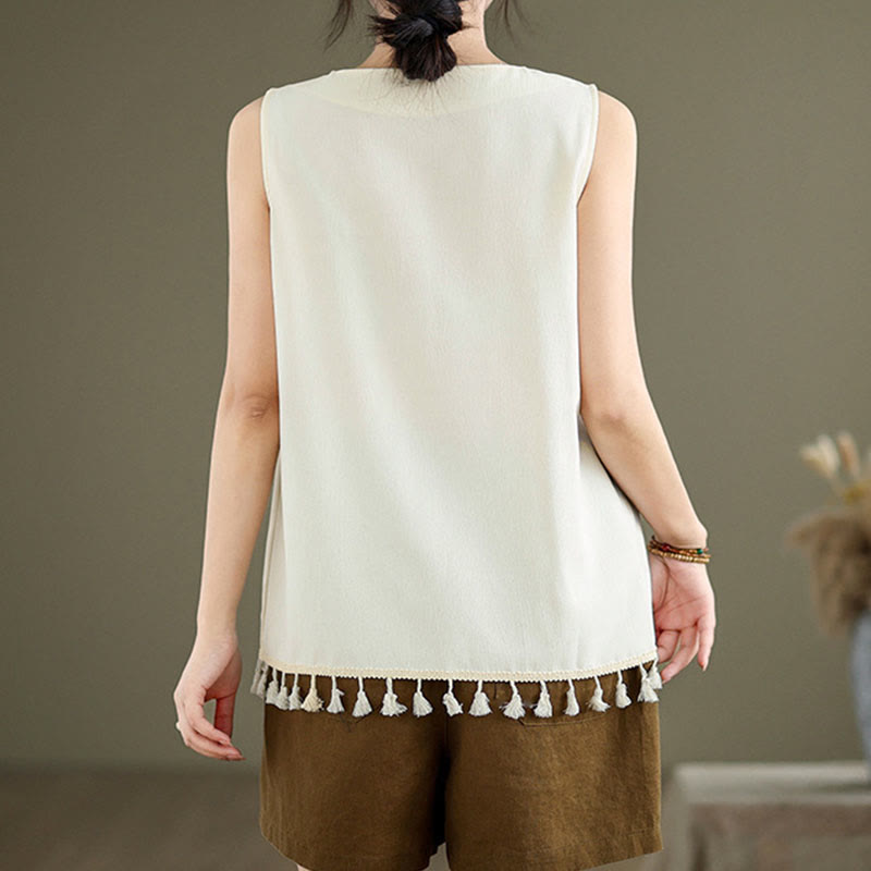 Buddha Stones Retro Stickerei V-Ausschnitt Quasten Tank Top - image 1