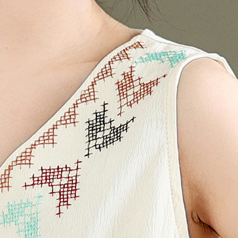 Buddha Stones Retro Stickerei V-Ausschnitt Quasten Tank Top - image 8
