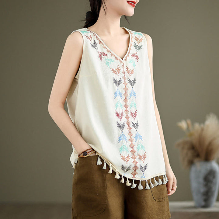 Buddha Stones Retro Stickerei V-Ausschnitt Quasten Tank Top - image 2