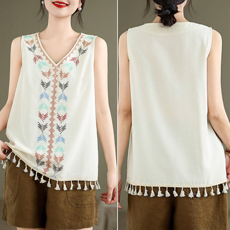 Buddha Stones Retro Stickerei V-Ausschnitt Quasten Tank Top - image 4
