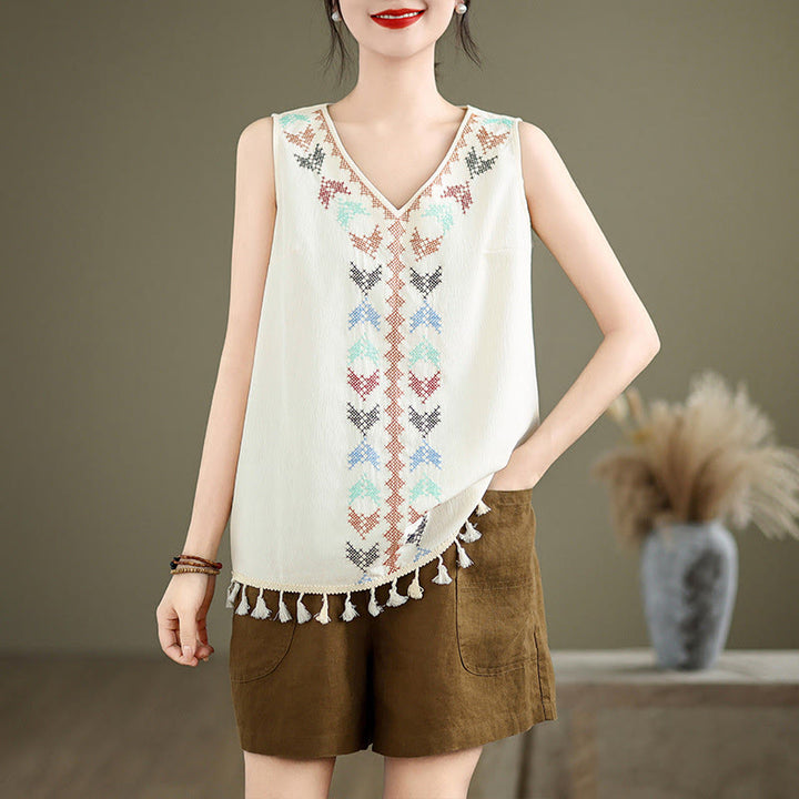 Buddha Stones Retro Stickerei V-Ausschnitt Quasten Tank Top - image 12