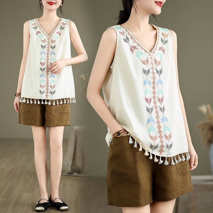 Buddha Stones Retro Stickerei V-Ausschnitt Quasten Tank Top - image 13