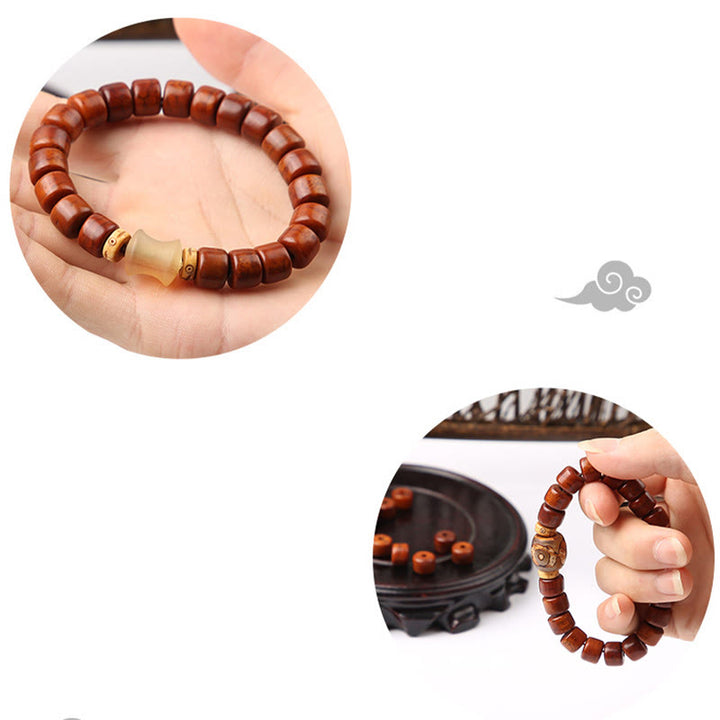 Buddha Stones Tibetische Knochenperlen Dreiäugige Dzi-Perle Schafshorn Roter Achat Stärkearmband
